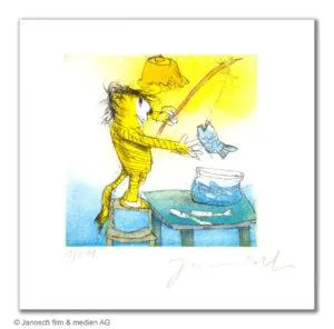 Janosch Mein lieber Fisch, mein Freund Farbradierung Auflage 199 Ex. mit Passepartout 35 x 35 cmv