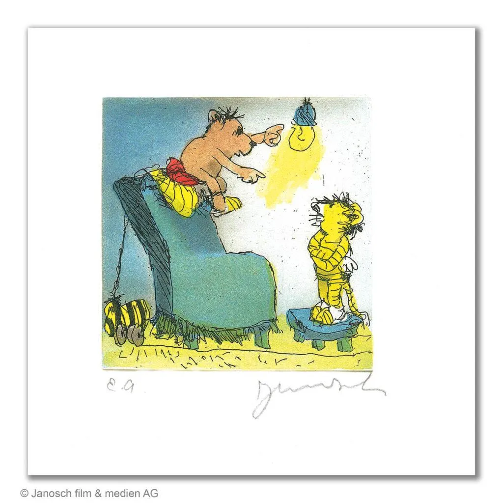 Janosch Ich sag dir was, oller Tiger Farbradierung Auflage 199 Ex. mit Passepartout 35 x 35 cm