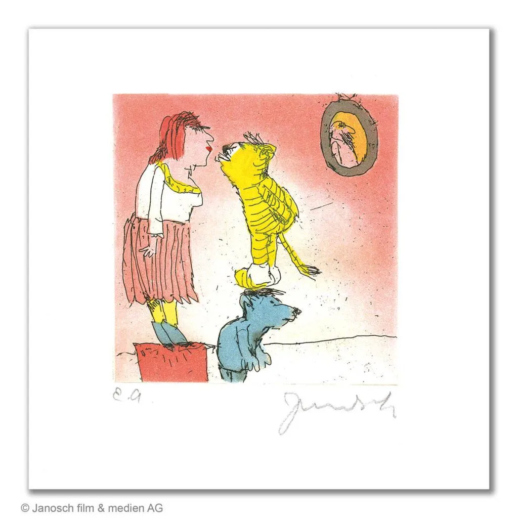 Janosch Der Tiger küsst hier ... Farbradierung Auflage 199 Ex. mit Passepartout 35 x 35 cm