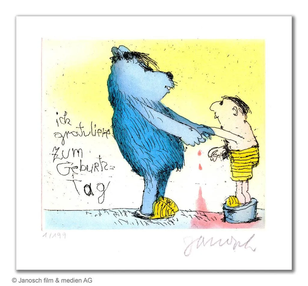 Janosch Ich Gratuliere Zum Geburtstag Farbradierung Auflage 199 Ex. mit Passepartout 40 x 50 cm