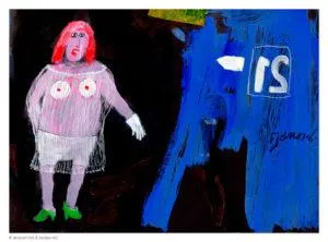 Janosch 21 und die Braut Mischtechnik/Papier im Weißgoldrahmen 40 x 50 cm Unikat