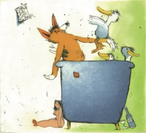 Janosch Gnade dir Gott du Fuchs Farbradierung Auflage e.a. mit Passepartout 40 x 30 cm