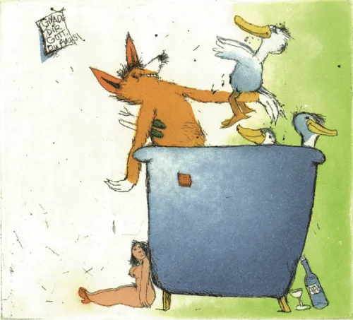 Janosch Gnade dir Gott du Fuchs Farbradierung Auflage e.a. mit Passepartout 40 x 30 cm