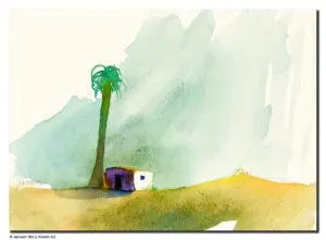 Janosch Haus mit Palme Mischtechnik/Papier mit Passepartout 50 x 60 cm Unikat verkauft