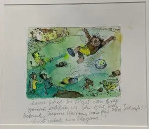 Janosch 1 zu zwölf und knapp daneben handkolorierte Radierung im Echtgoldrahmen 40 x 50 cm (C) Janosch film & medien AG