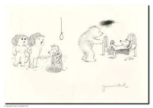 Janosch König Löwe rettet den Fuchs Mischtechnik/Papier im Weißgoldrahmen 40 x 50 cm Unikat