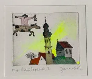 Janosch Der Clown, der unser Dorf bewohnt handkolorierte Radierung im Echtgoldrahmen 35 x 35 cm (C) Janosch film & medien AG