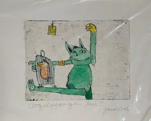 Janosch Katze mit Vogel handkolorierte Radierung im Echtgoldrahmen 40 x 50 cm (C) Janosch film & medien AG