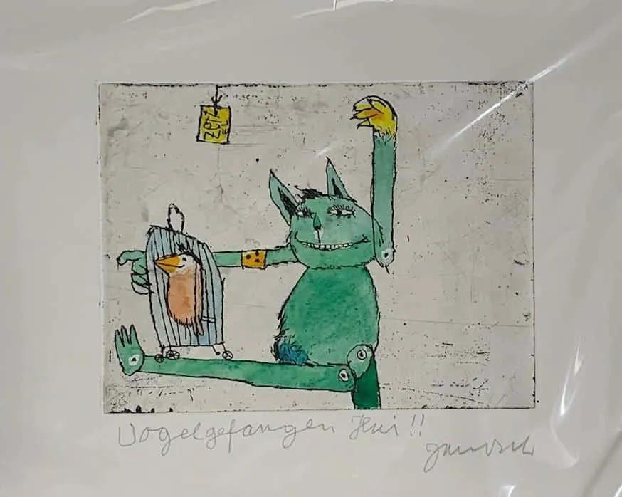 Janosch Katze mit Vogel handkolorierte Radierung im Echtgoldrahmen 40 x 50 cm (C) Janosch film & medien AG