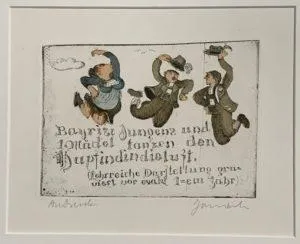Janosch Bayerische Jungen und Mädel tanzen den Hupf... handkolorierte Radierung im Echtgoldrahmen 30 x 40 cm (C) Janosch film & medien AG