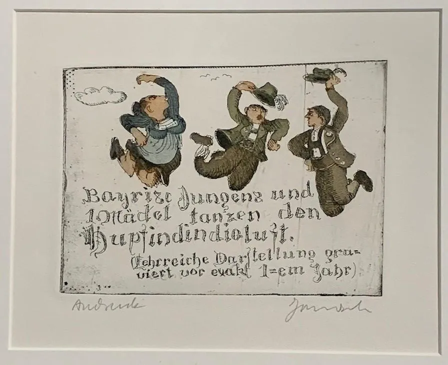Janosch Bayerische Jungen und Mädel tanzen den Hupf... handkolorierte Radierung im Echtgoldrahmen 30 x 40 cm (C) Janosch film & medien AG