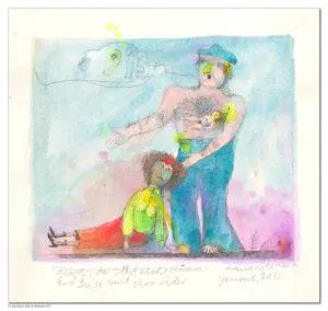 Janosch Und Luise weint schon wieder Mischtechnik/Papier mit Passepartout 50 x 60 cm im Vergolderrahmen Handkolorierter Druck