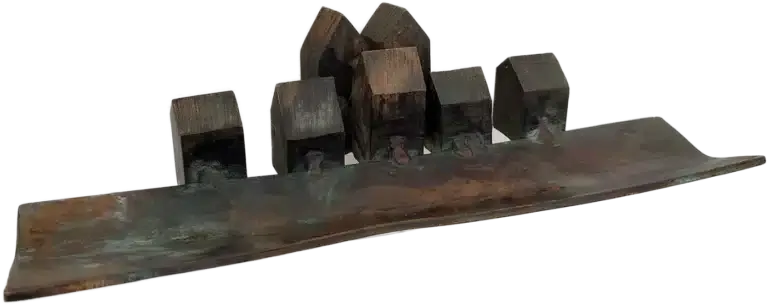 Basilius Kleinhans Häuser am Fluss Bronze 7 x 60 x 10 cm Unikat