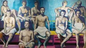 Markus Kurscheidt Quiet Please (Sauna) Öl/Leinwand 130 x 230 cm Unikat