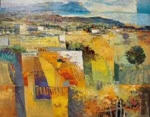 Mario Malfer Paessaggio verde giallo Öl auf Leinwand 40 x 50 cm Unikat