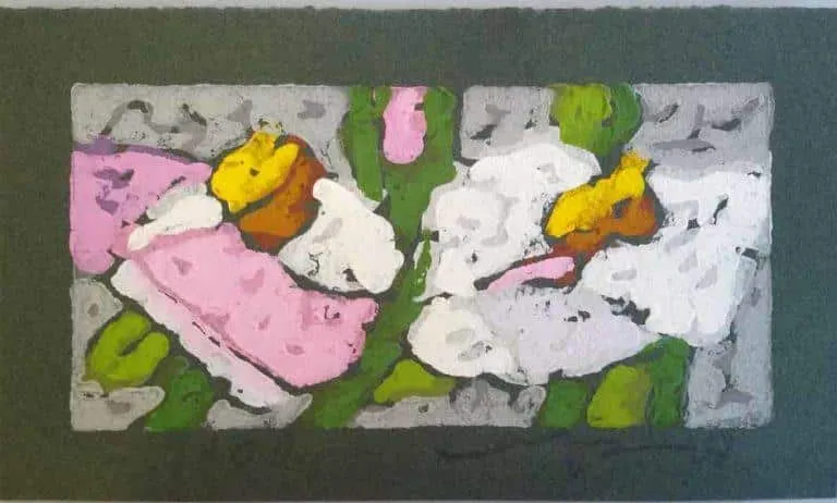 Klaus Fussmann Rosen rosa-weiß Linoldruck 10 x 18 cm Auflage 200 Ex. verkauft