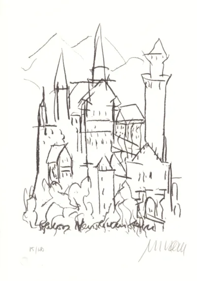 Armin Mueller-Stahl Schloss Neuschwanstein Lithographie 2019 handsigniert und nummeriert. Auflage 180 Ex. Papierformat 29,5 x 21 cm