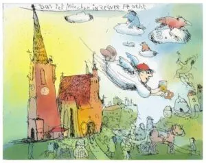 Janosch Das ist München in seiner Pracht Original-Farbradierung Auflage 199 Ex. 40 x 50 cm mit Passepartout