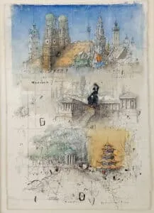 Alexander Befelein Traumhaftes München, 2023 Mischtechnik/Papier Maße 28 x 20 cm Unikat