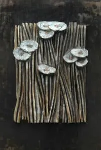 Leo Ferdinando Demetz Flowerfield Kastanienholz, Farbe, Eisen 75 x 40 cm Unikat