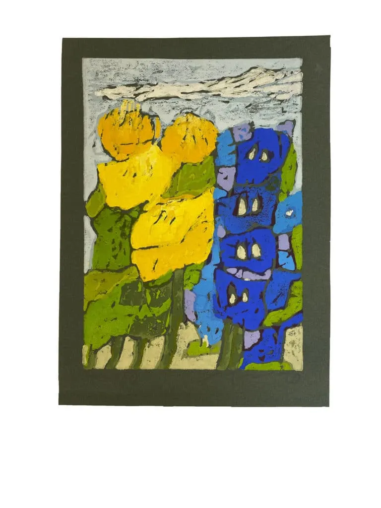 Klaus Fußmann Dahlien und Rittersporn Linoldruck 36 x 26 cm Aufl. 60 Ex.